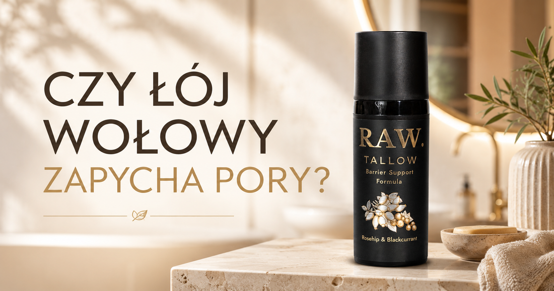 butelka kremu raw tallow na blacie w łazience i obok napis CZY ŁÓJ WOŁOWY ZAPYCHA PORY?