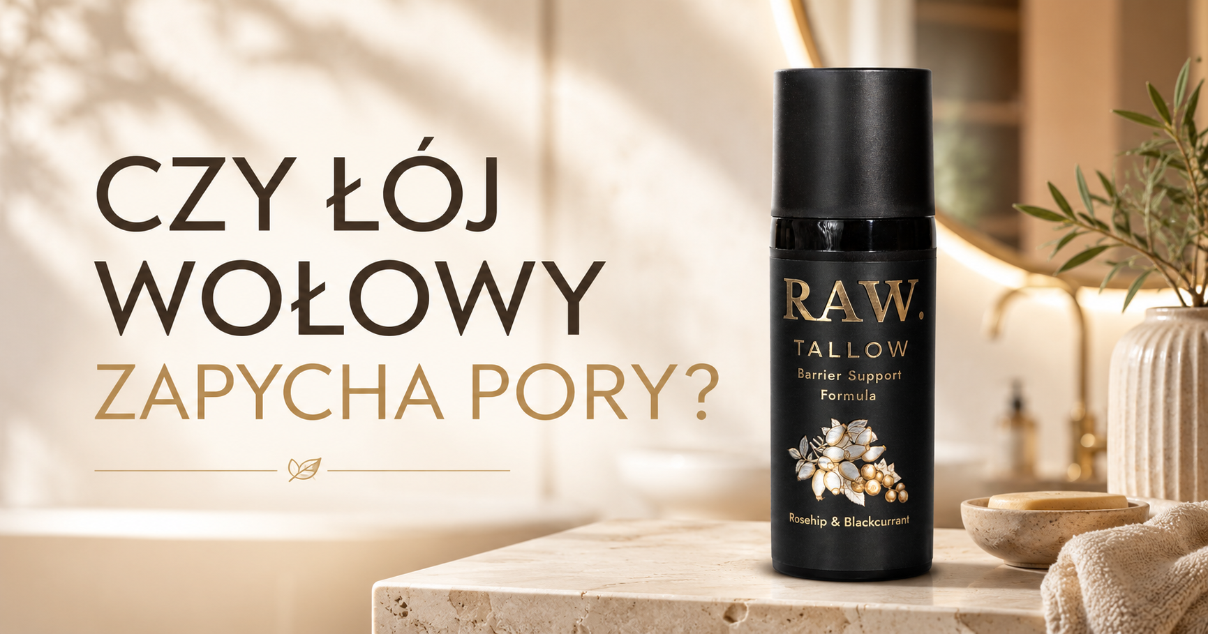 butelka kremu raw tallow na blacie w łazience i obok napis CZY ŁÓJ WOŁOWY ZAPYCHA PORY?