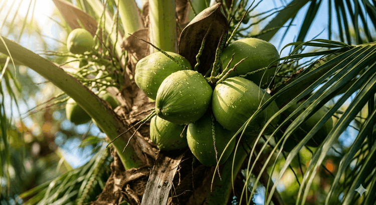 Drzewo z kokosami z których wytwarza sie coco caprylate