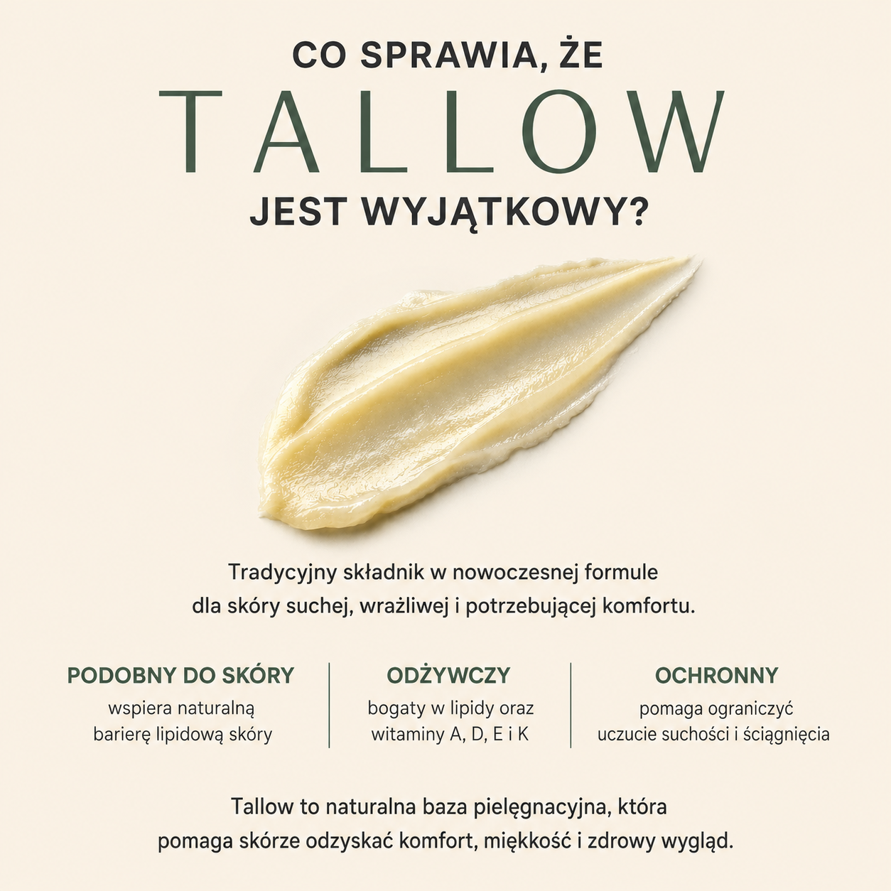grafika przedstawiająca zalety łoju wołowego w kosmetyce